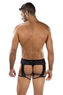 Man wearing Envy Midnight Stride Garters Black from the back, showcasing the bold design and fitted style.