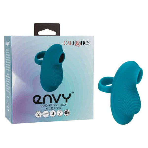 Envy Handheld Suction Massager with packaging showing 2 suction modes and 3 vibration speeds