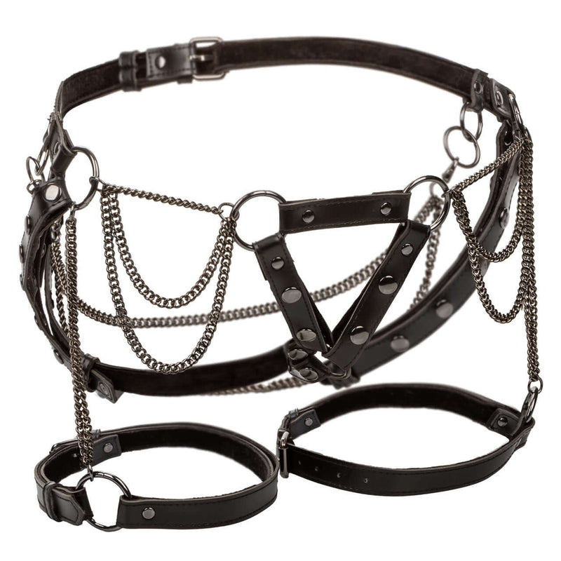 Euphoria Plus Size Thigh Harness with adjustable vegan leather straps, chains, and plush velvet lining for bold and beautiful sensuality
