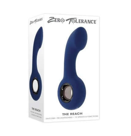 Zero Tolerance The Reach vibrating P-Spot plug packaging with ringed handle and 12 vibration settings