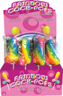 Hott Products Rainbow Cock-Pop Lollipop Display 12 Pieces featuring bright, multi-colored penis-shaped lollipops.