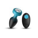 Viben Eluxe Vibrating Gem Anal Plug Medium Blue Ombre with remote control and gem base.