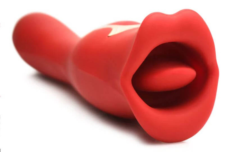 LICKGASM Kiss & Tell Pro Dual Ended Kissing Vibrator in red premium silicone with kissing and licking mouth feature