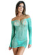 Tease Sleeve Mini Dress Lingerie in green, featuring an off-shoulder design and netted pattern for a daring look.