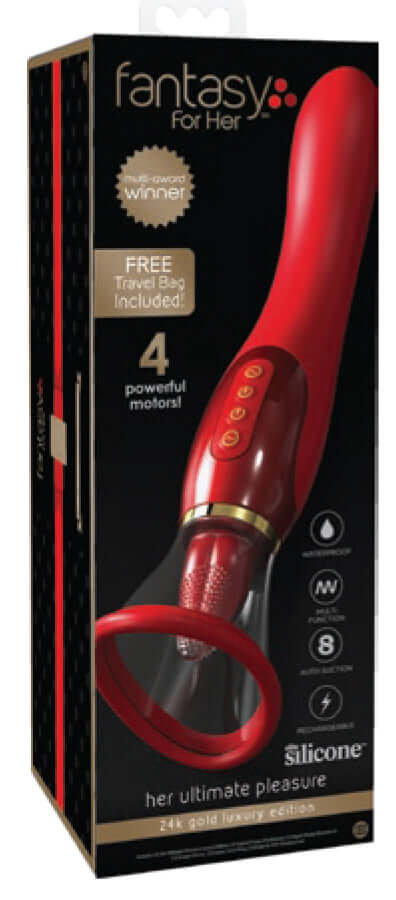 Fantasy For Her Ultimate Pleasure 24K Gold Luxury Edition box featuring 4 powerful motors and a free travel bag included.