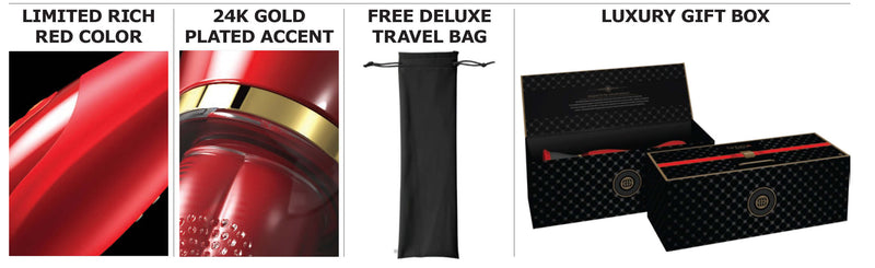 Fantasy For Her Ultimate Pleasure 24K Gold Edition features rich red color, gold accents, deluxe travel bag, and luxury gift box.