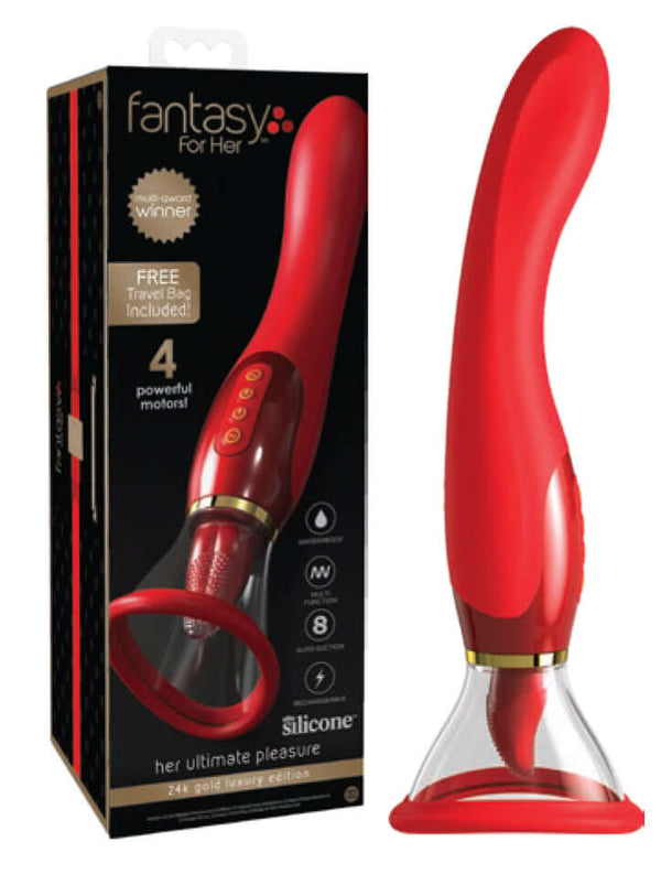 Fantasy For Her 24K Gold Luxury Edition pleasure device, red silicone, with box displaying free travel bag and 4 powerful motors.