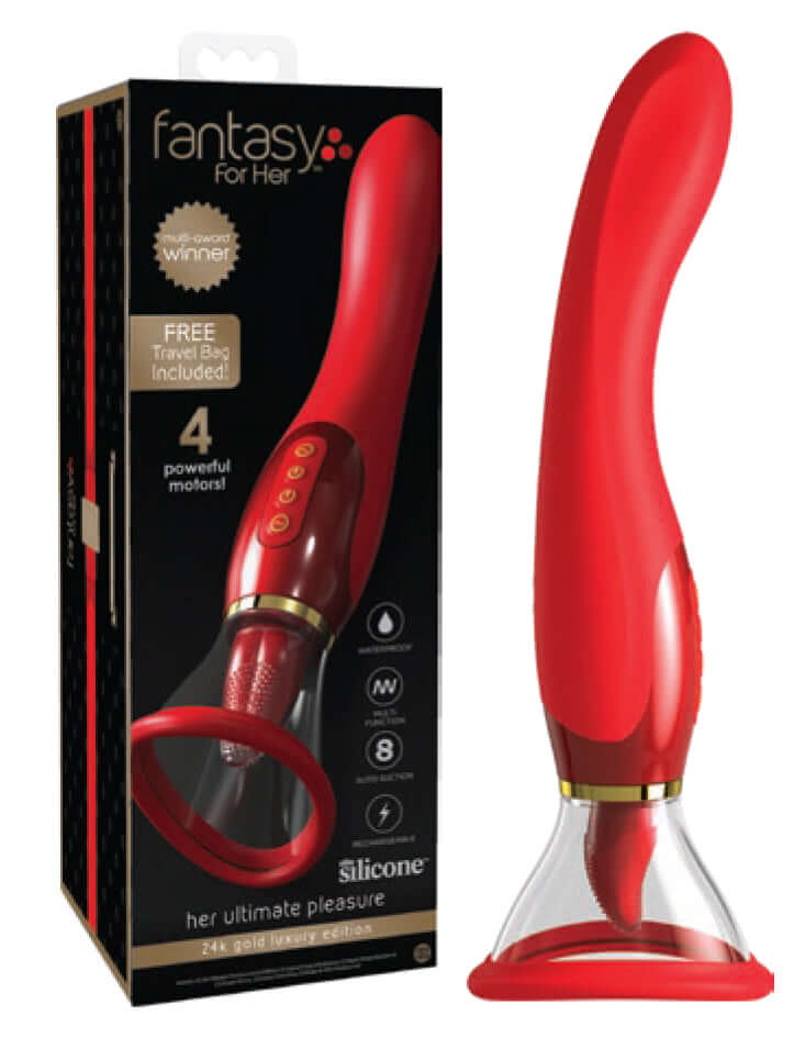 Fantasy For Her 24K Gold Luxury Edition pleasure device, red silicone, with box displaying free travel bag and 4 powerful motors.