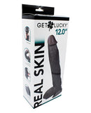Get Lucky Real Skin 12 Inch Dual Layer Dildo Dark Brown packaging showcasing its soft touch and realistic design.