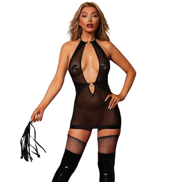 FETISH GARTER SLIP & FLOGGER BLACK O/S-1