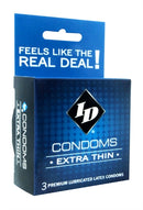 ID Extra Thin Lubricated Condoms 3 Pack packaging displaying premium quality and messaging about sensitivity.