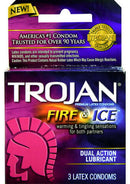 Trojan Pleasures Fire and Ice Condoms 3 Pack packaging showcasing warming and tingling sensations for both partners.
