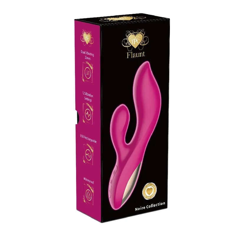 Flaunt Ultra Rabbit Pink vibrator packaging highlighting dual-action zones and 12 vibration settings for ultimate pleasure.