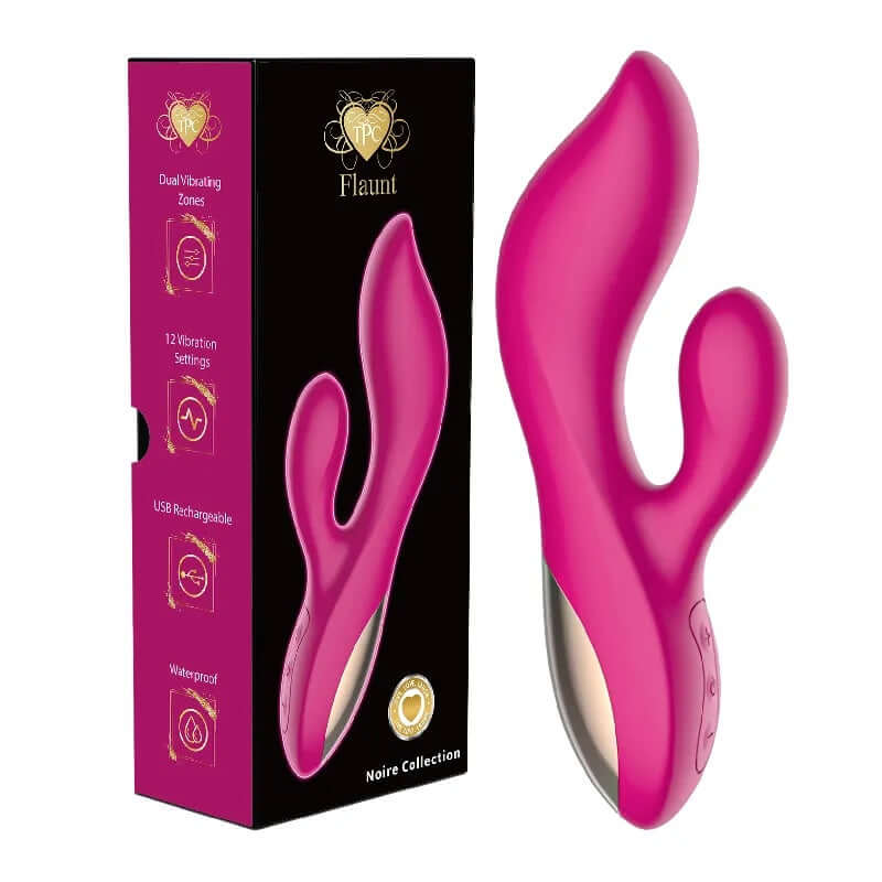 Flaunt Ultra Rabbit Pink vibrator with dual-action zones and 12 vibration modes in elegant packaging.