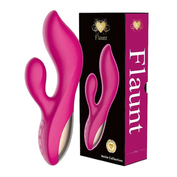 Flaunt Ultra Rabbit Pink vibrator in elegant packaging, featuring dual-action design and 12 vibration modes for intense pleasure.