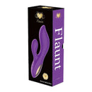 Flaunt Ultra Rabbit Purple vibrator packaging from the Noire Collection showcasing elegant design and dual-action features.
