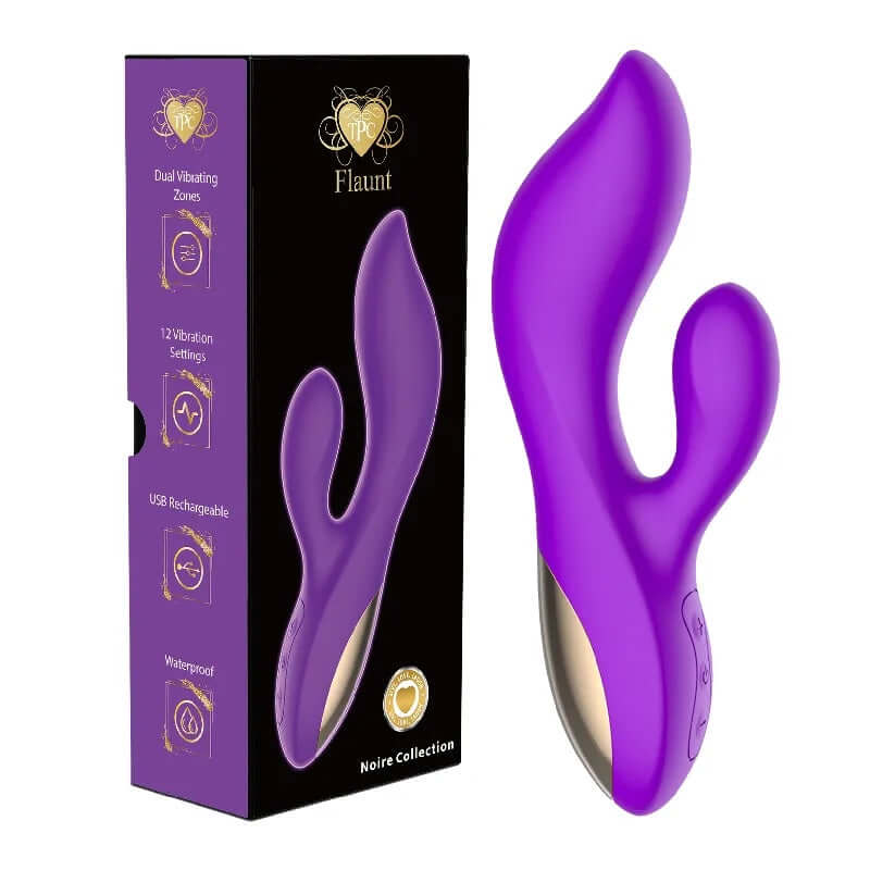 Flaunt Ultra Rabbit Purple vibrator with dual-action zones and 12 vibration settings, elegant design in waterproof material.