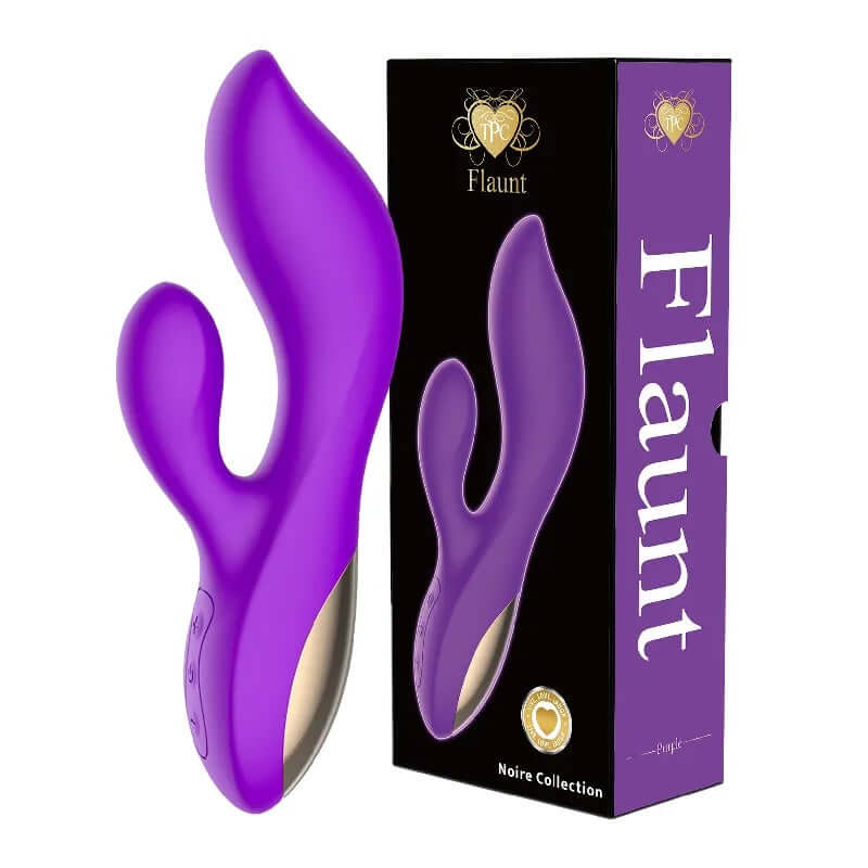 Flaunt Ultra Rabbit Purple dual-action vibrator with packaging, featuring 12 vibration modes for ultimate pleasure.