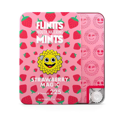 Flintts Mouth Watering Mints Strawberry Magic 2 Pack, F-Strength 225, vibrant packaging with strawberries and fun graphics.