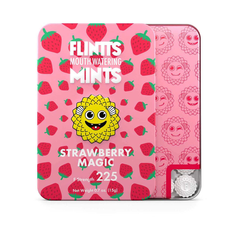 Flintts Mouth Watering Mints Strawberry Magic 2 Pack, F-Strength 225, vibrant packaging with strawberries and fun graphics.