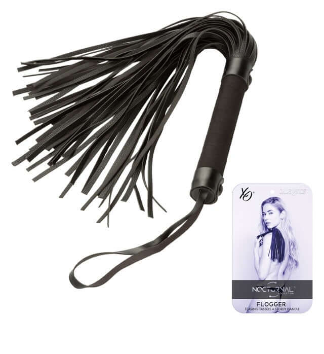 Nocturnal™ Collection Flogger with sturdy handle for sensory play, suitable for newcomers and enthusiasts, packaging shown.