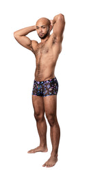 Male Power Hazy Dayz Pouch Short Large Mushroom model showcasing playful mushroom print and contoured fit.