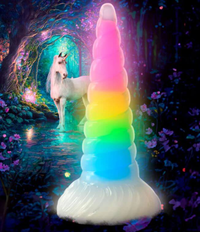 Glow-in-the-dark rainbow dildo with unicorn horn design, featuring a translucent outer layer and glowing core in a magical forest setting