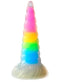 CREATURE COCKS Uni-Glow Glow in the Dark Rainbow Dildo, resembling a unicorn horn with a spiral design and a glowing rainbow core.