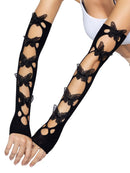 Leg Avenue Butterfly Cut Out Arm Warmers One Size Black with butterfly appliques and cut-outs on black fabric.
