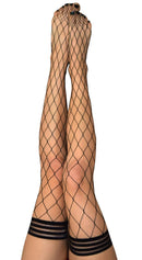 Kixies Michelle Fishnet Thigh High Size A Black showcasing bold large-net pattern and no-slip silicone grip.