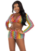 Leg Avenue 3 Pc Net Bra Top With Shrug and Boy Shorts in vibrant rainbow colors worn by a model.