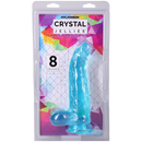 Crystal Jellies Curved Realistic Cock With Balls 8 Inch Teal in packaging, showcasing its lifelike shape and translucent design.