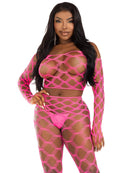 Leg Avenue 2 Pc Net Crop Top and Footless Tights Neon Pink model wearing fishnet lingerie set.