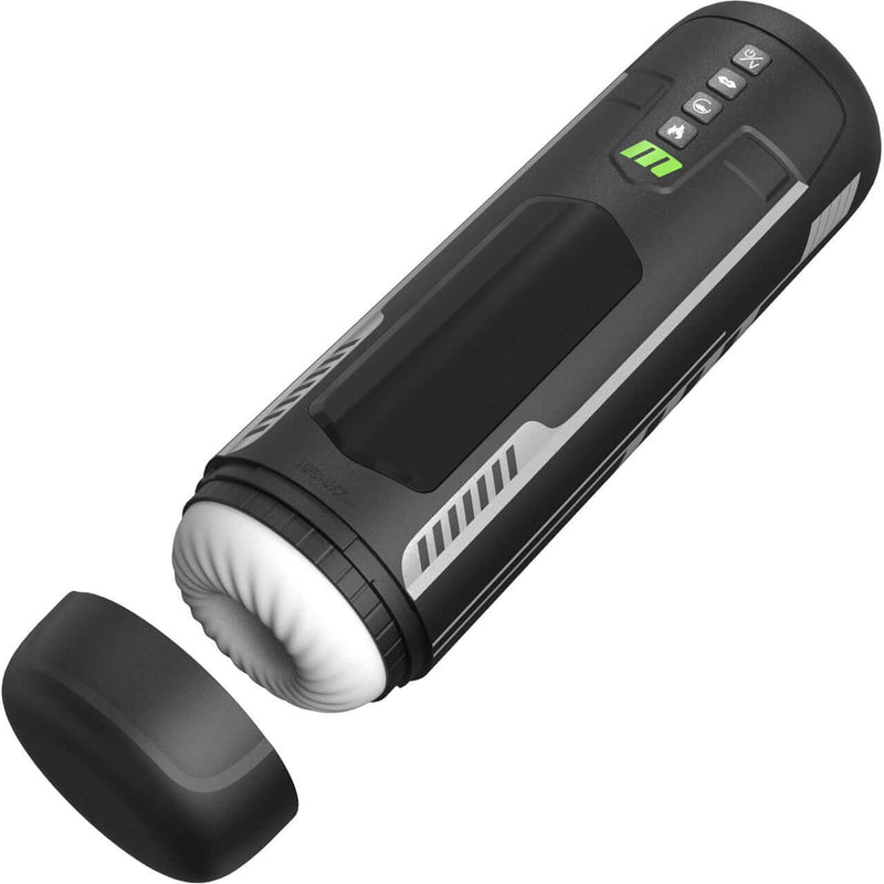 M For Men Master Blaster automatic penis masturbator with 6 modes, discreet design, and protective cover displayed with open cap