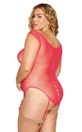 Seamless Butterfly Garter Teddy in vibrant watermelon hue, featuring front rhinestone accents and an open-crotch design for seductive allure.