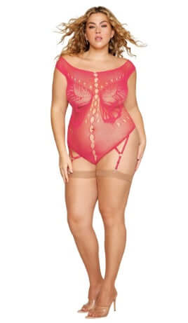 Seamless Butterfly Garter Teddy in Watermelon with Bateau Neckline and Rhinestone Accents, Plus Size Model in Elegant Lingerie