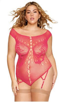 Curvy model in Seamless Butterfly Garter Teddy, vibrant watermelon color, bateau neckline, front rhinestone accents, and garter straps