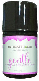 Intimate Earth Gentle Clitoral Stimulating Serum 1 Oz bottle, designed for gentle arousal and cooling sensation.