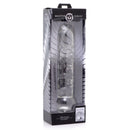 Master Series The Ram XL 12 Inch Glass Dildo Clear in its packaging, showcasing sleek design and raised texture.