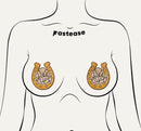 Giddy Up Sparkling Horseshoe Golden Nipple Covers on a model's chest, featuring shimmering gold horseshoe designs.