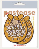 Giddy Up Sparkling Horseshoe Golden Nipple Covers in a vibrant packaging with glittering golden horseshoe design.