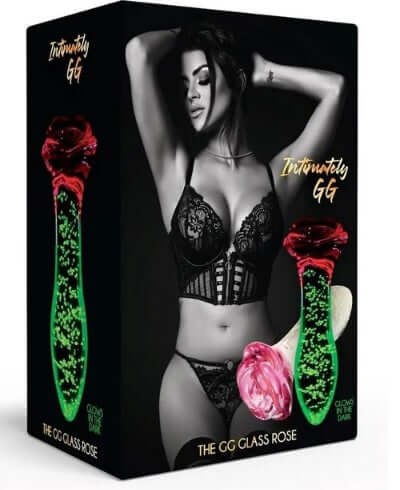 Packaging of The GG Glass Rose that Glows in The Dark showing a glass rose and a model in black lingerie.
