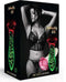 Packaging of The GG Glass Rose that Glows in The Dark showing a glass rose and a model in black lingerie.