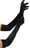 Elegant satin opera gloves in black, full-length and smooth, perfect for adding sophistication to evening wear or costumes.