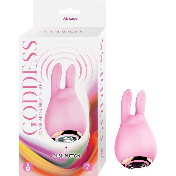 Luxury Nasstoys Goddess Diamond Bunny Tickler in pink with packaging featuring 7 vibrating functions for ultimate pleasure.