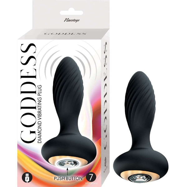 Nasstoys Goddess Diamond Vibrating Plug Black in packaging showcasing elegant design and premium silicone construction