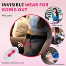 Woman wearing Litty Clitty wearable vibrator with remote control, showcasing its discreet use in public places like the supermarket, mall, and swimming pool