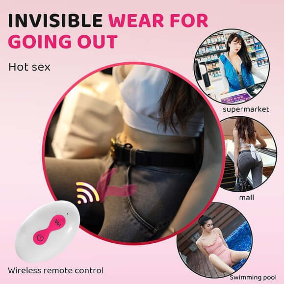 Woman wearing Litty Clitty wearable vibrator with remote control, showcasing its discreet use in public places like the supermarket, mall, and swimming pool