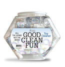 Good Clean Fun Toy Cleaner 1 Oz 36 Pc Display in clear jar with portable spray bottles.