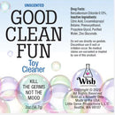 Label for Good Clean Fun Toy Cleaner Spray 1 Oz featuring unscented formula and ingredients.